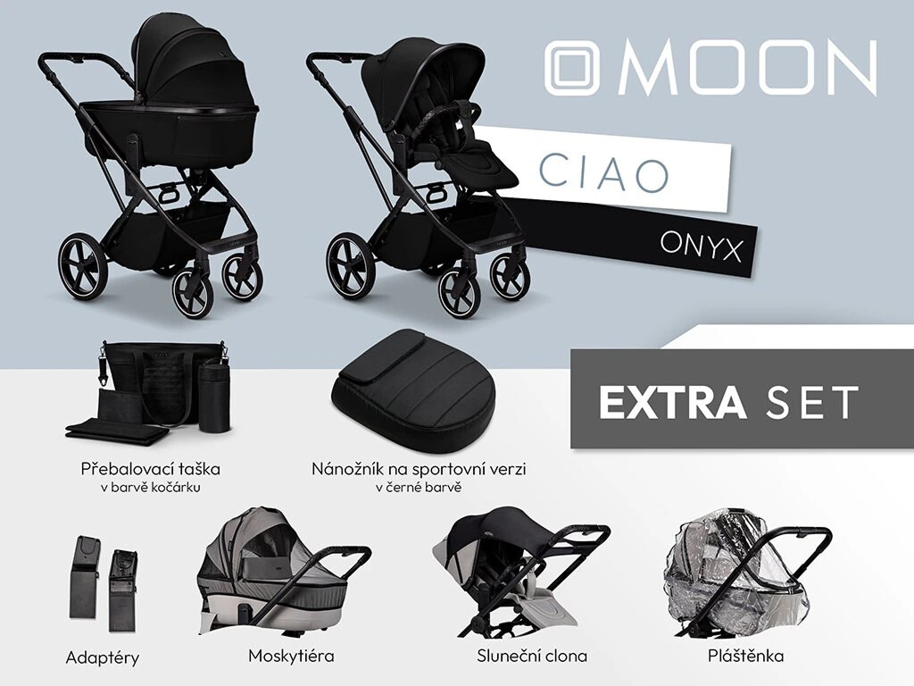 Moon SET EXTRA CIAO ONYX včetně adaptérů, pláštenky, nánožníku black, přebalovací tašky, moskytiéry a sluneční clony