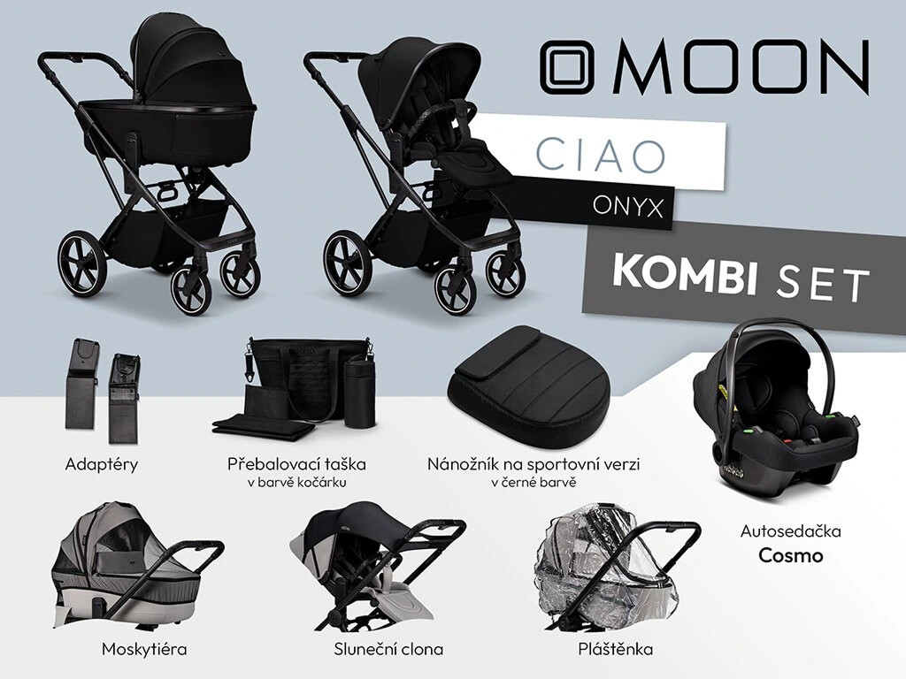 Moon SET KOMBI CIAO ONYX včetně adaptérů, pláštenky, nánožníku black, přebalovací tašky,moskytiéry, sluneční clony a autosedačky COSMO black