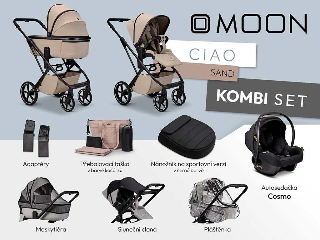 Moon SET KOMBI CIAO SAND včetně adaptérů, pláštenky, nánožníku black, přebalovací tašky, moskytiéry, sluneční clony a autosedačky COSMO black