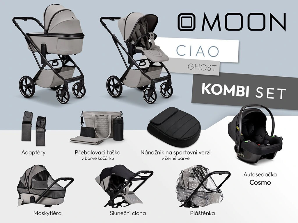 Moon SET KOMBI CIAO GHOST včetně adaptérů, pláštenky, nánožníku black, přebalovací tašky, moskytiéry, sluneční clony a autosedačky COSMO black