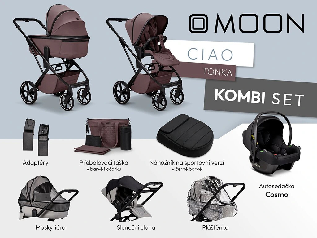 Moon SET KOMBI CIAO TONKA včetně adaptérů, pláštenky, nánožníku black, přebalovací tašky,moskytiéry, sluneční clony a autosedačky COSMO black