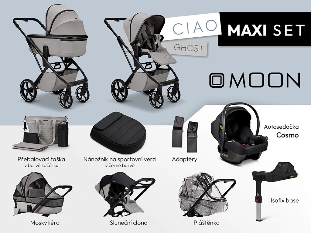 Moon SET MAXI CIAO GHOST včetně adaptérů, pláštenky, nánožníku black, přebalovací tašky, moskytiéry, sluneční clony, autosedačky COSMO black a isofix Avionaut