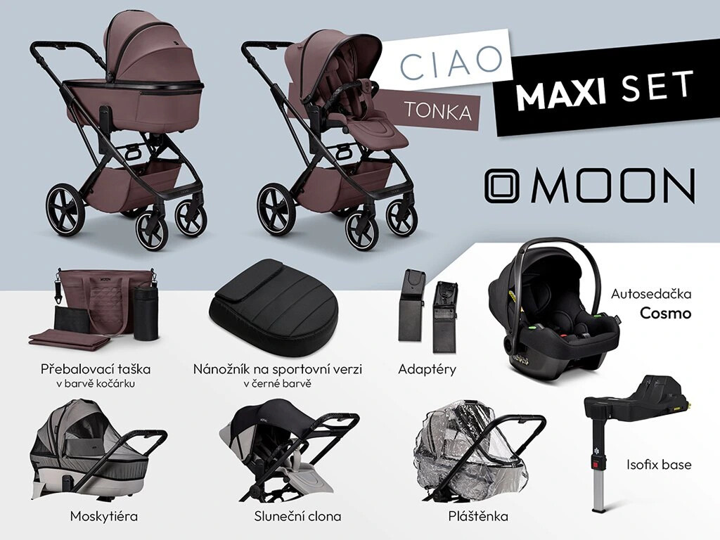 Moon SET MAXI CIAO TONKA včetně adaptérů, pláštenky, nánožníku black, přebalovací tašky, moskytiéry, sluneční clony, autosedačky COSMO black a isofix Avionaut