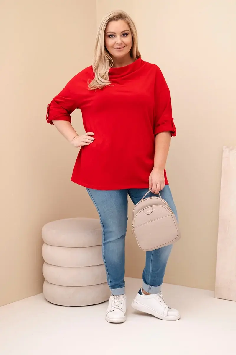 Kesi Włoski Dámská blůza Plus Size s bavlnou volného střihu s vodním výstřihem červená