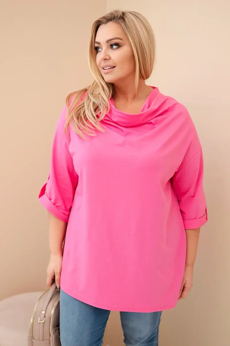 Kesi Włoski Dámská blůza Plus Size s bavlnou volného střihu s vodním výstřihem světle růžová