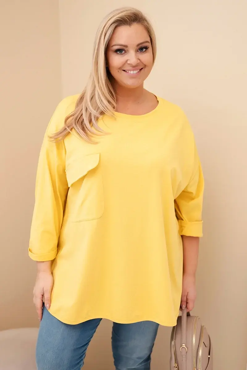 Kesi Włoski Dámská blůza Plus Size s bavlnou, kapsou a ohrnovacími rukávy žlutá