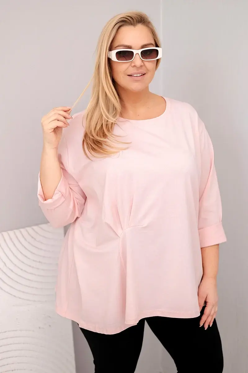 Kesi Włoski Dámská blůza plus size s bavlnou a dlouhým rukávem a nařasením pudrově růžová