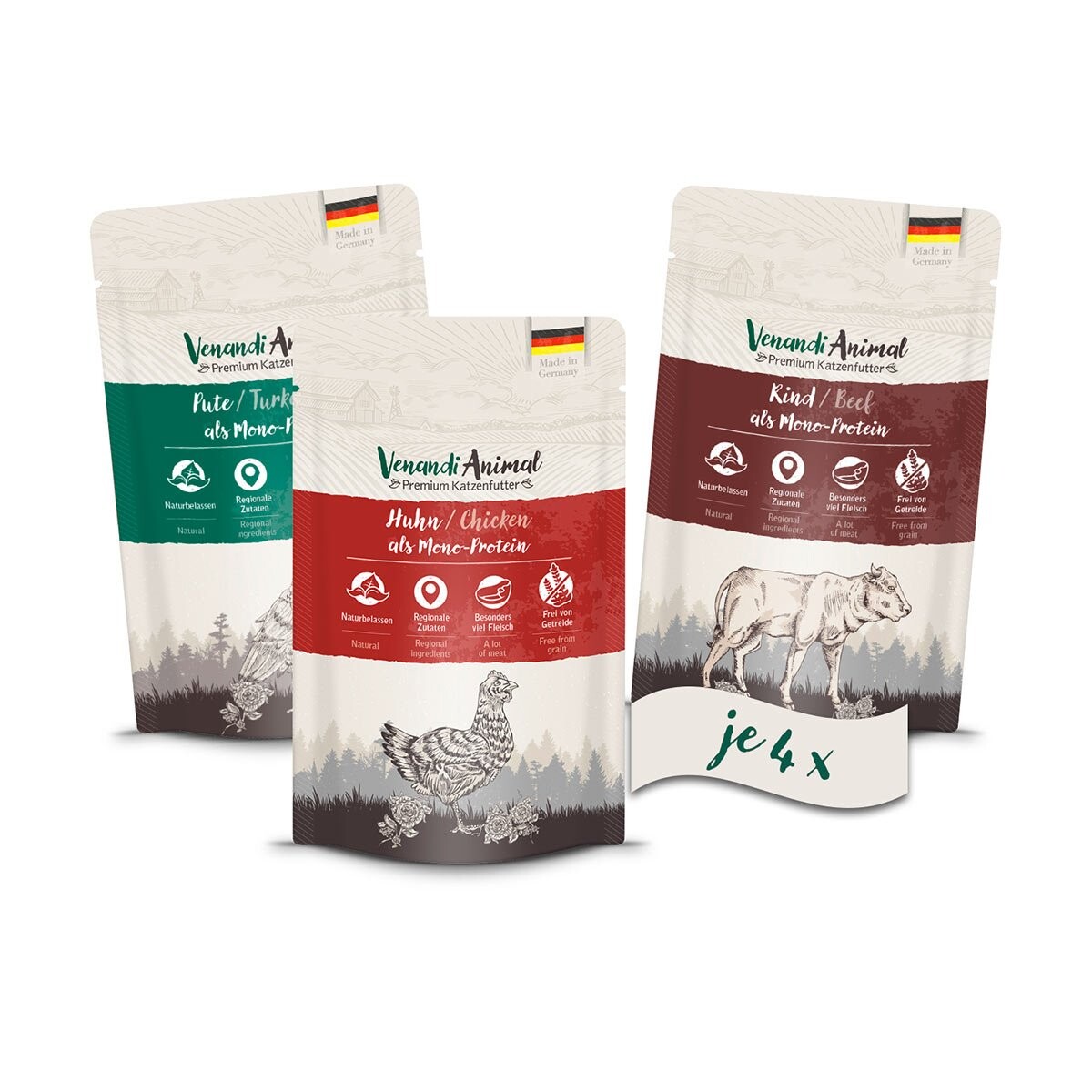 Venandi Animal – zkušební balení I, 4× kuřecí, 4× kachna, 4× hovězí 24x125g