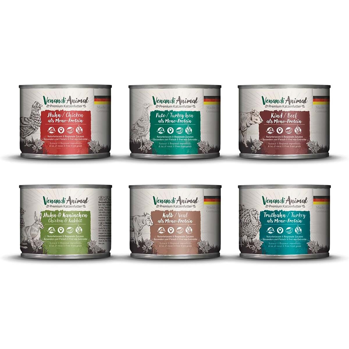 Venandi Animal – zkušební balení III 1× kuřecí, 1× kachna, 1× hovězí, 1× kuře a králík, 1× telecí, 1× krocan 12× 200 g