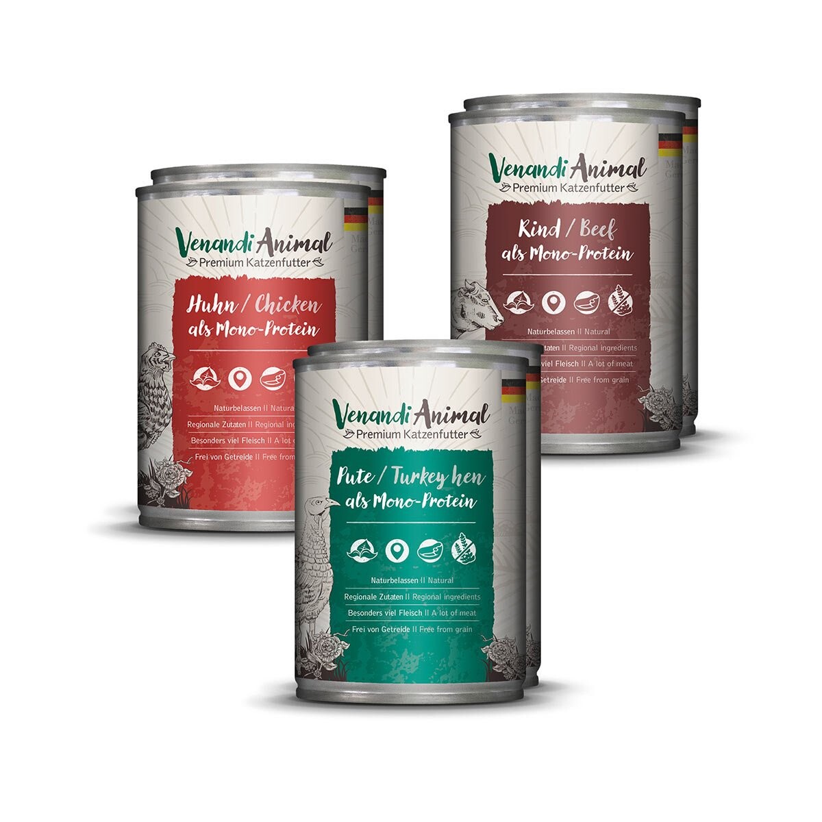 Venandi Animal – zkušební balení, 2× kuřecí, 2× kachní, 2× hovězí 12x400g