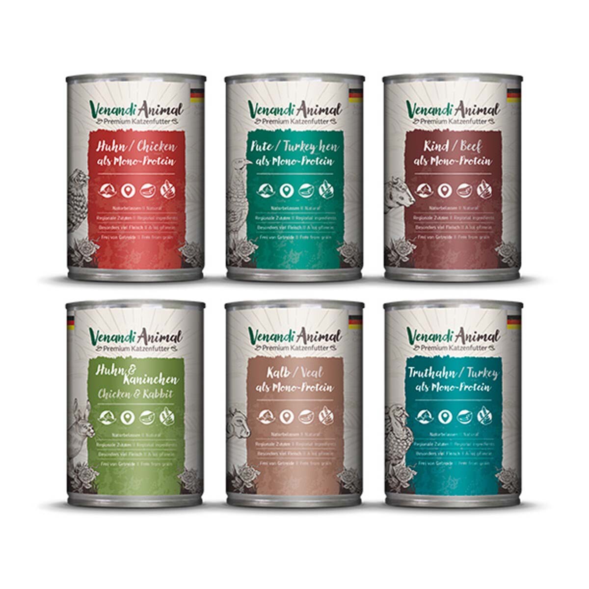Venandi Animal – zkušební balení III 1× kuřecí, 1× kachna, 1× hovězí, 1× koňské maso, 1× telecí, 1× krocan 12 × 400 g