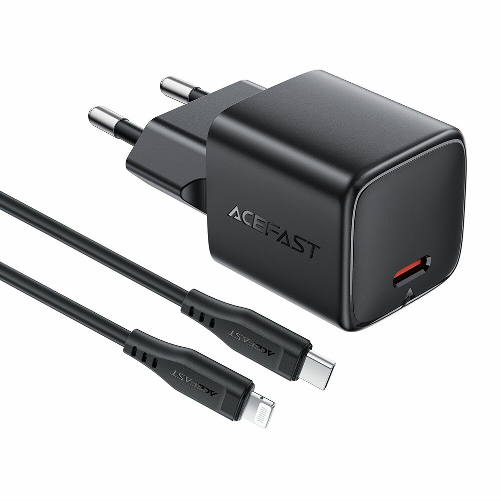 Acefast - nástěnná nabíječka (A118) - technologie GaN, rychlé nabíjení, PD30W, mini design, s kabelem USB-C na Lightning, 1,2m - černá