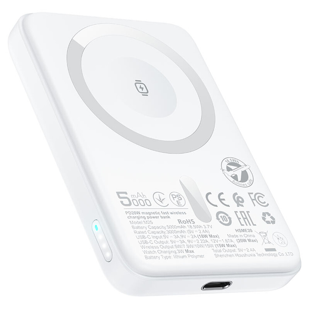 Acefast - magnetická bezdrátová powerbanka (M25-5000) - MagSafe, rychlé nabíjení, USB-C, 5000mAh, 20W, 5V/2.4A, LED indikátor - bílá