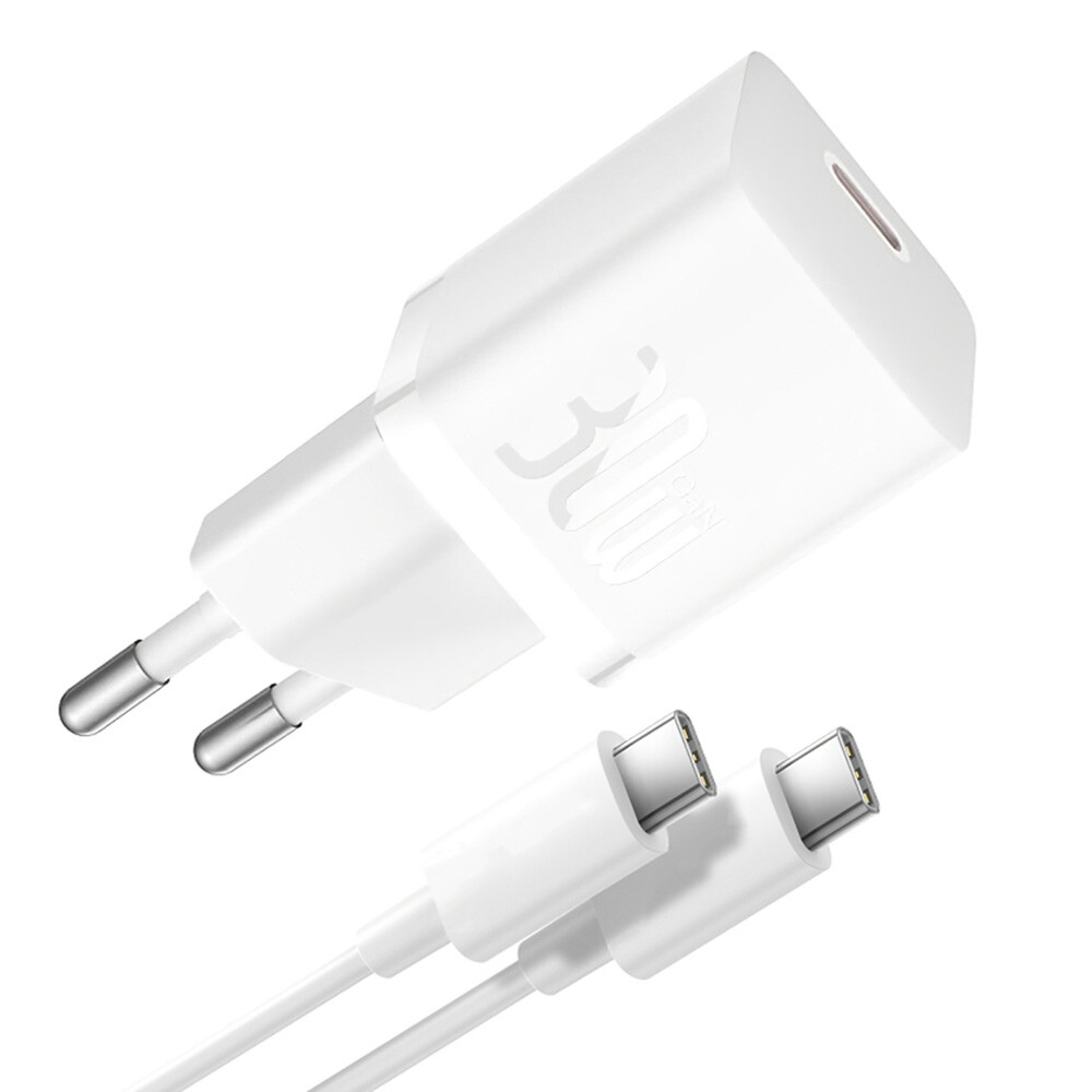 Baseus – nástěnná nabíječka (P10110902213-00) – včetně kabelu typu C, GaN, typ C, rychlé nabíjení, 30 W, 1 m – Moon White