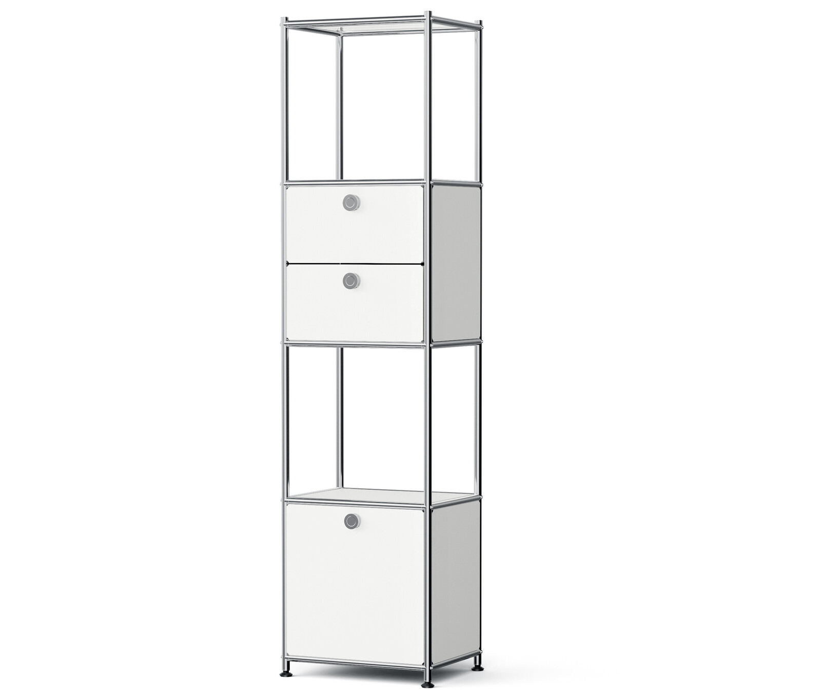 Tchibo - Kovový regál »Cn3 Slim Line« se 2 přemístitelnými zásuvkami a 1 přemístitelnými výklopnými dvířky - barva: bílá