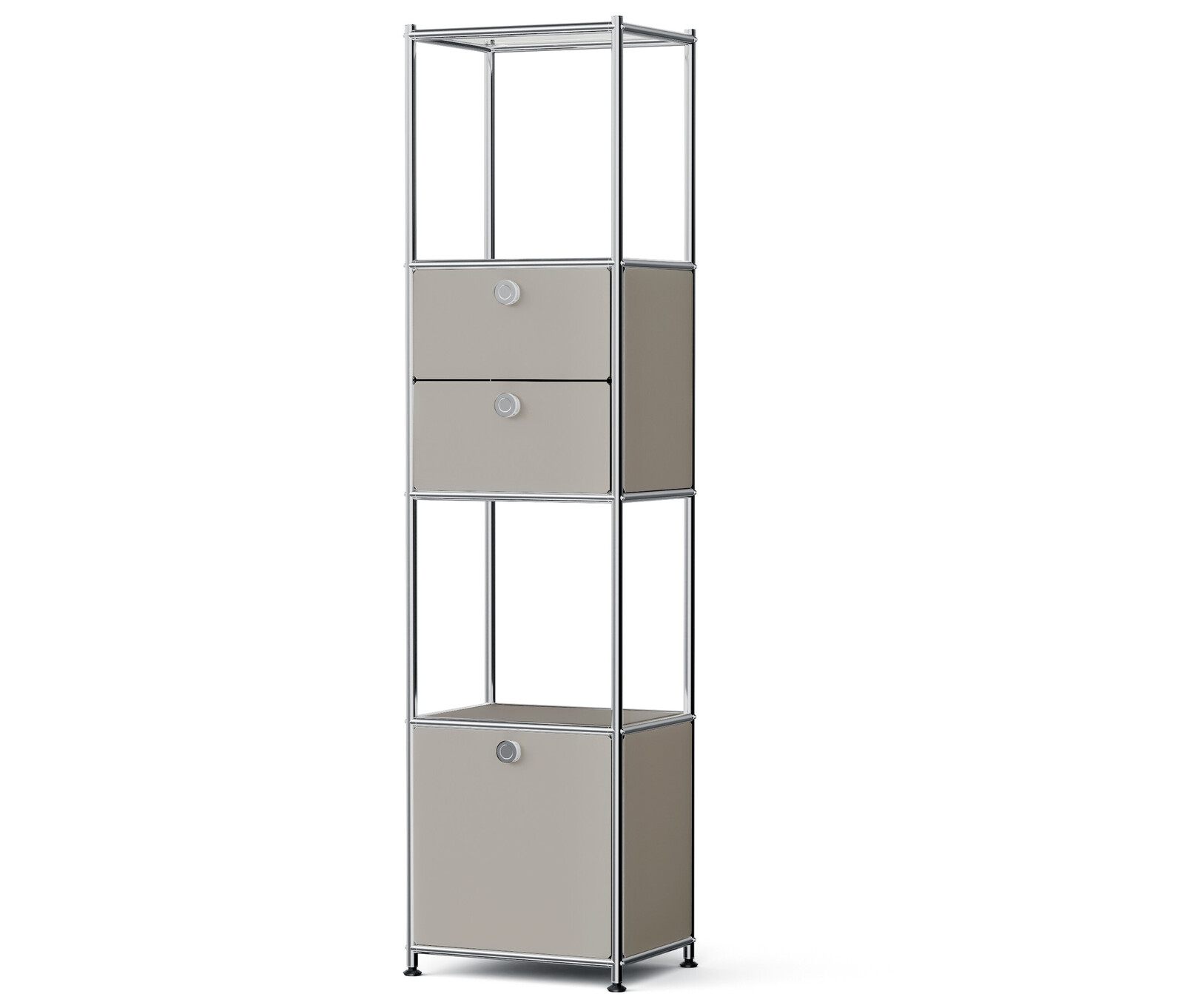 Tchibo - Kovový regál »Cn3 Slim Line« se 2 přemístitelnými zásuvkami a 1 přemístitelnými výklopnými dvířky - barva: šedá