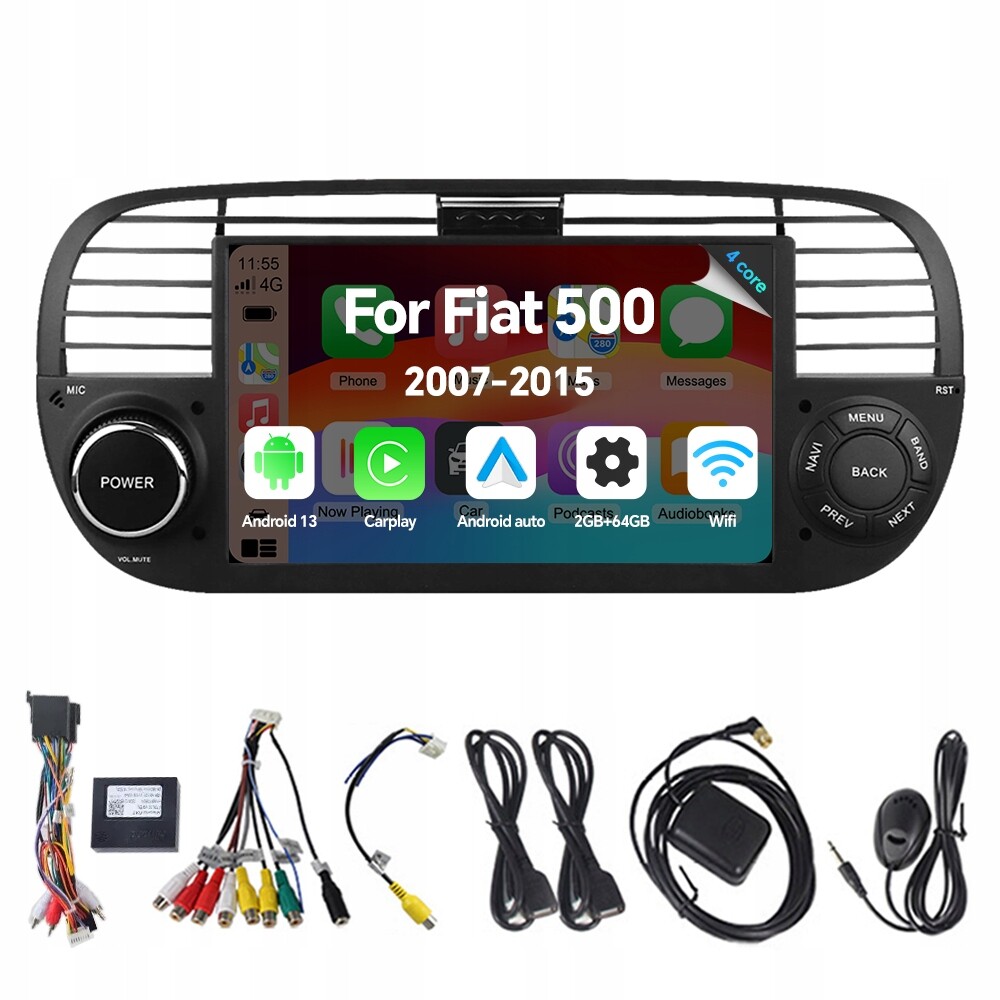 Autorádio Eunavi s Androidem 13 pro Fiat 500 Abarth 2007-2015 Carplay 2G 64G