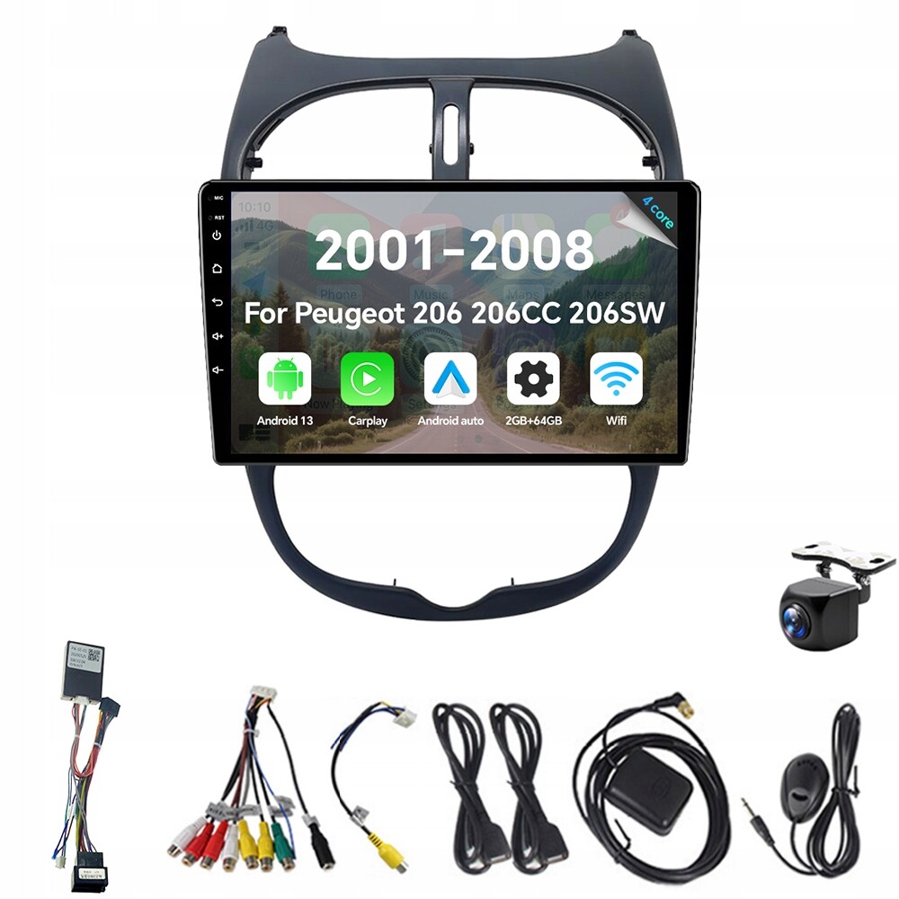2Din Android 13 autorádio pro Peugeot 206 206CC 206SW 2001-2008 2G 64G Gps
