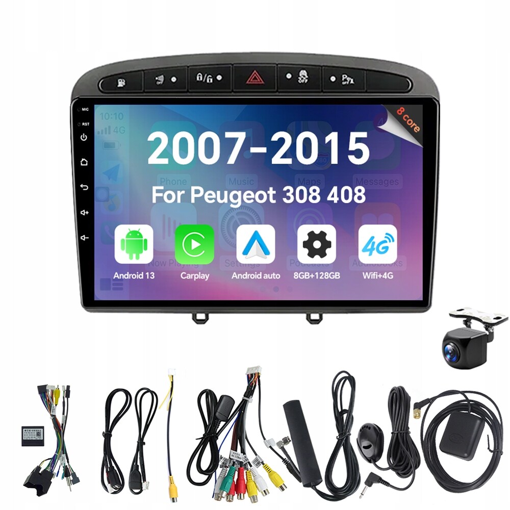 Autorádio Eunavi 2Din s Androidem 13 a 2 Gb, CarPlay, 4G, pro Peugeot 308 408 2007-2015