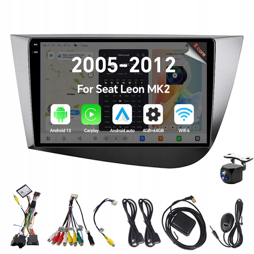 2Din Android 13 autorádio pro Seat Leon 2 MK2 2005-2012 Carplay 4G 64G Rds