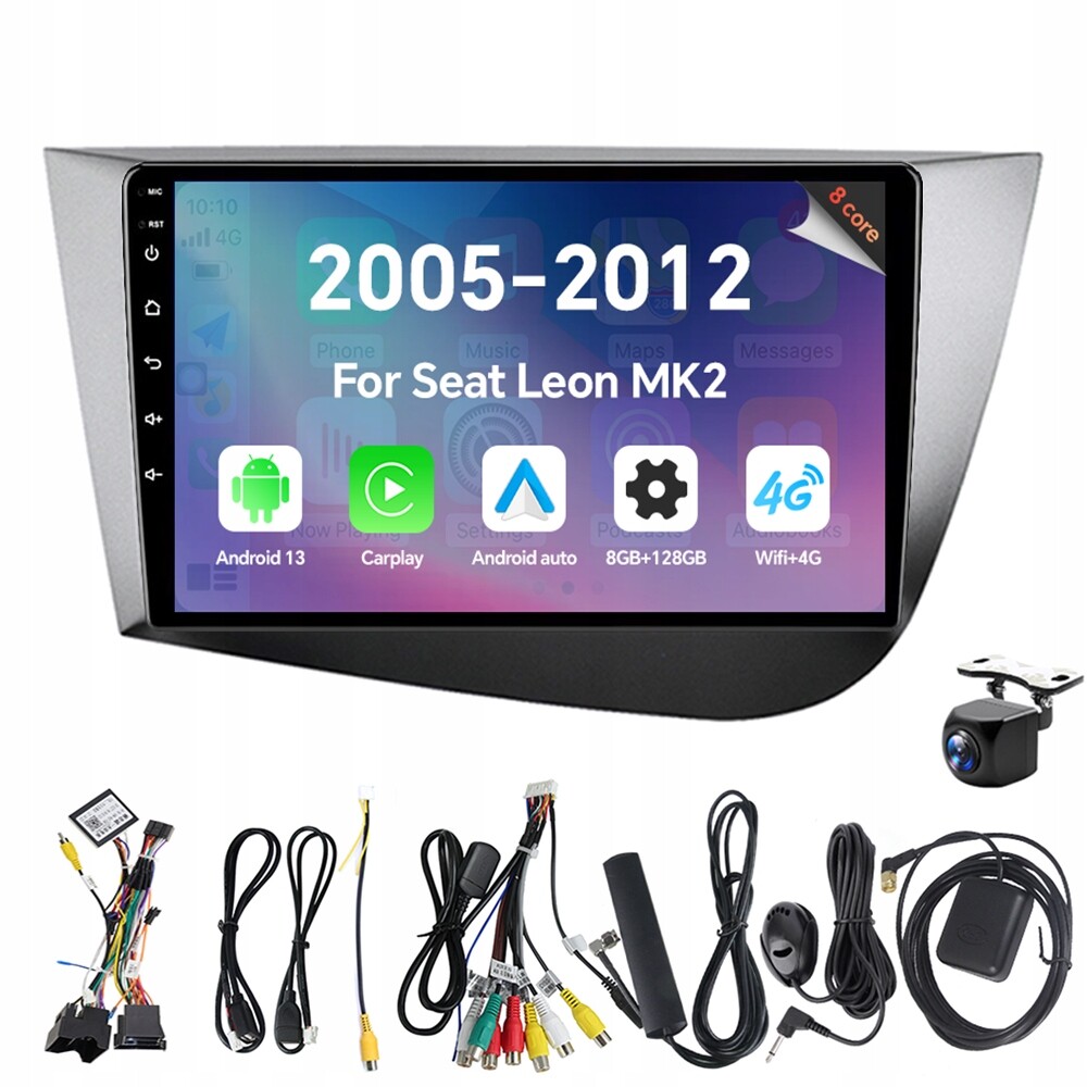Autorádio Eunavi 2Din s Androidem 13 a 2013 pro Seat Leon 2 MK2 2005-2012 s Carplay a Rds