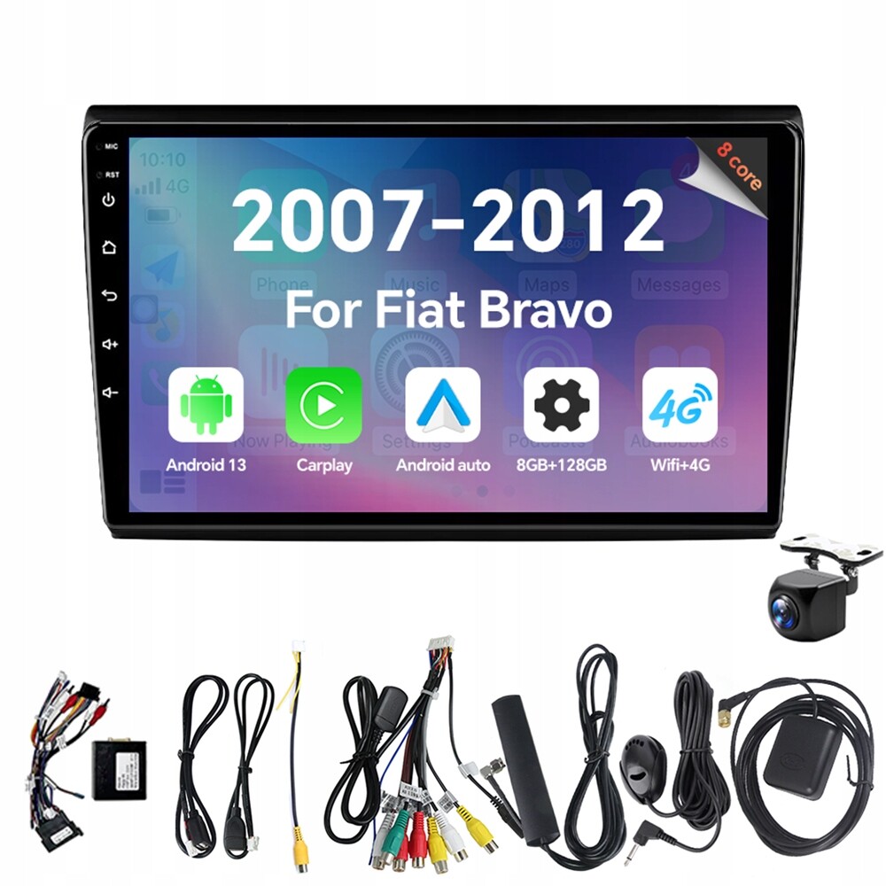 Autorádio Eunavi 2Din s Androidem 13 a 2007+, CarPlay 8G, 128G, 2DIN, Android 9.1, pro Fiat Bravo 2007-2012