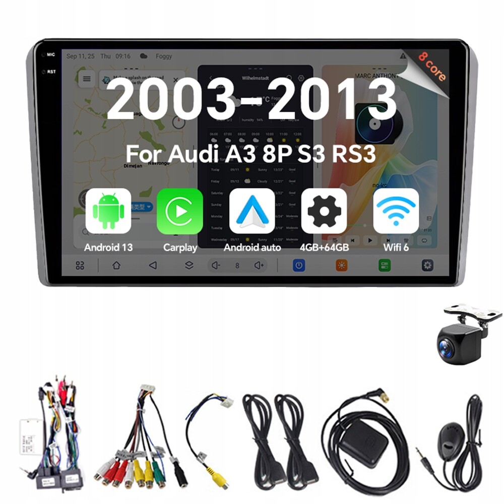 Autorádio 2Din Android13 pro Audi A3 8P S3 RS3 2003-2013 Carplay Gps 4G 64G