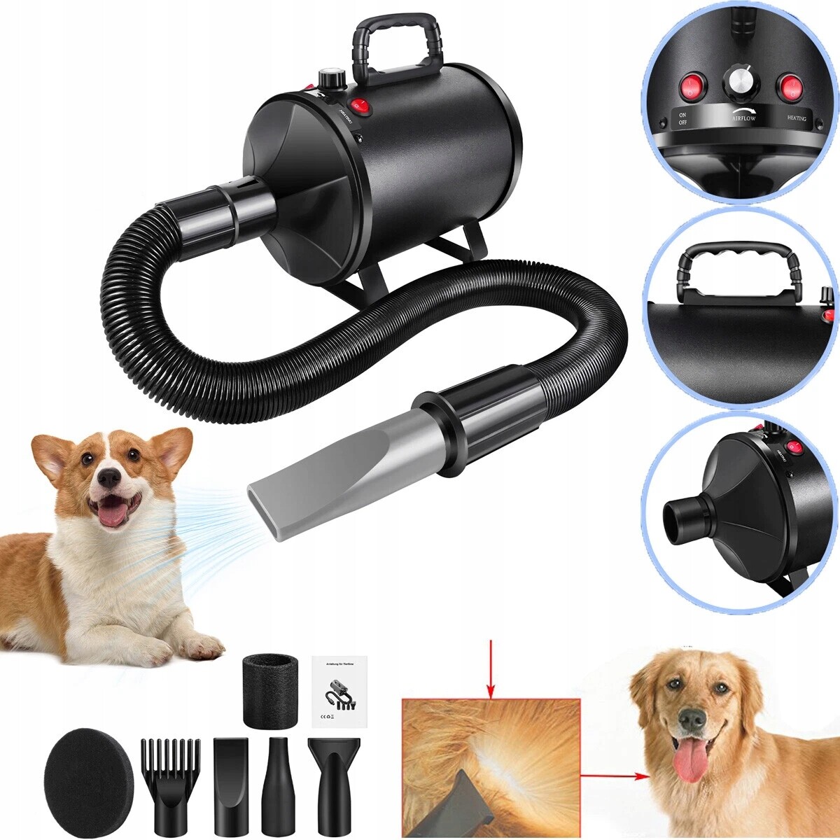 Groomingová Sušička Pro Psa Kočky, 4 Trysky, Redukce Hluku, Ochrana Před Přehřátím