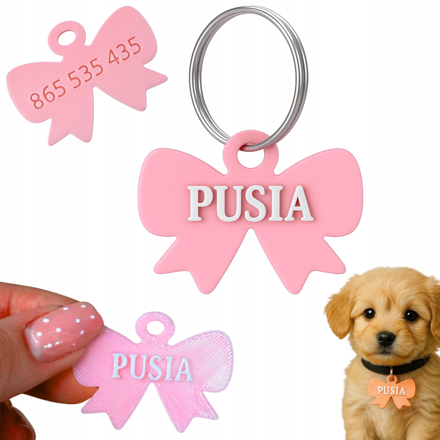 Plastová mašlička jmenovku pro psa kočku s gravírováním jméno, číslo