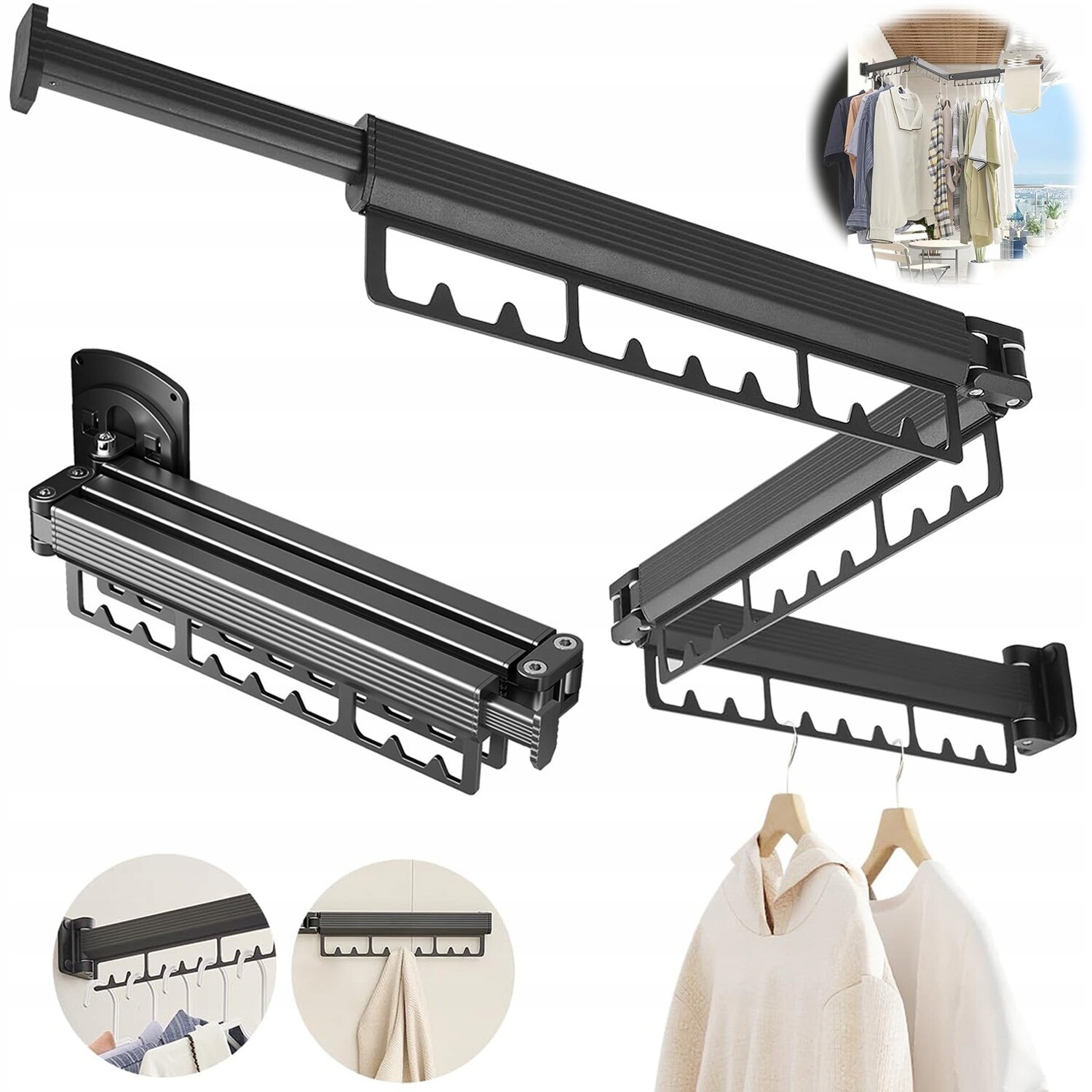 Skládací Hliníkový Nástěnný Věšák Na Oblečení, Trojnásobný, Černý, Sušení