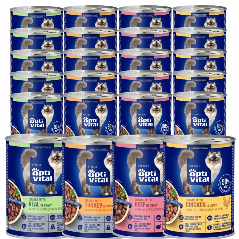 Krmivo Mokré Pro Kočky Bez Obilovin MIX Chutí V Omáčce Optivital Plechovka 24X415 G