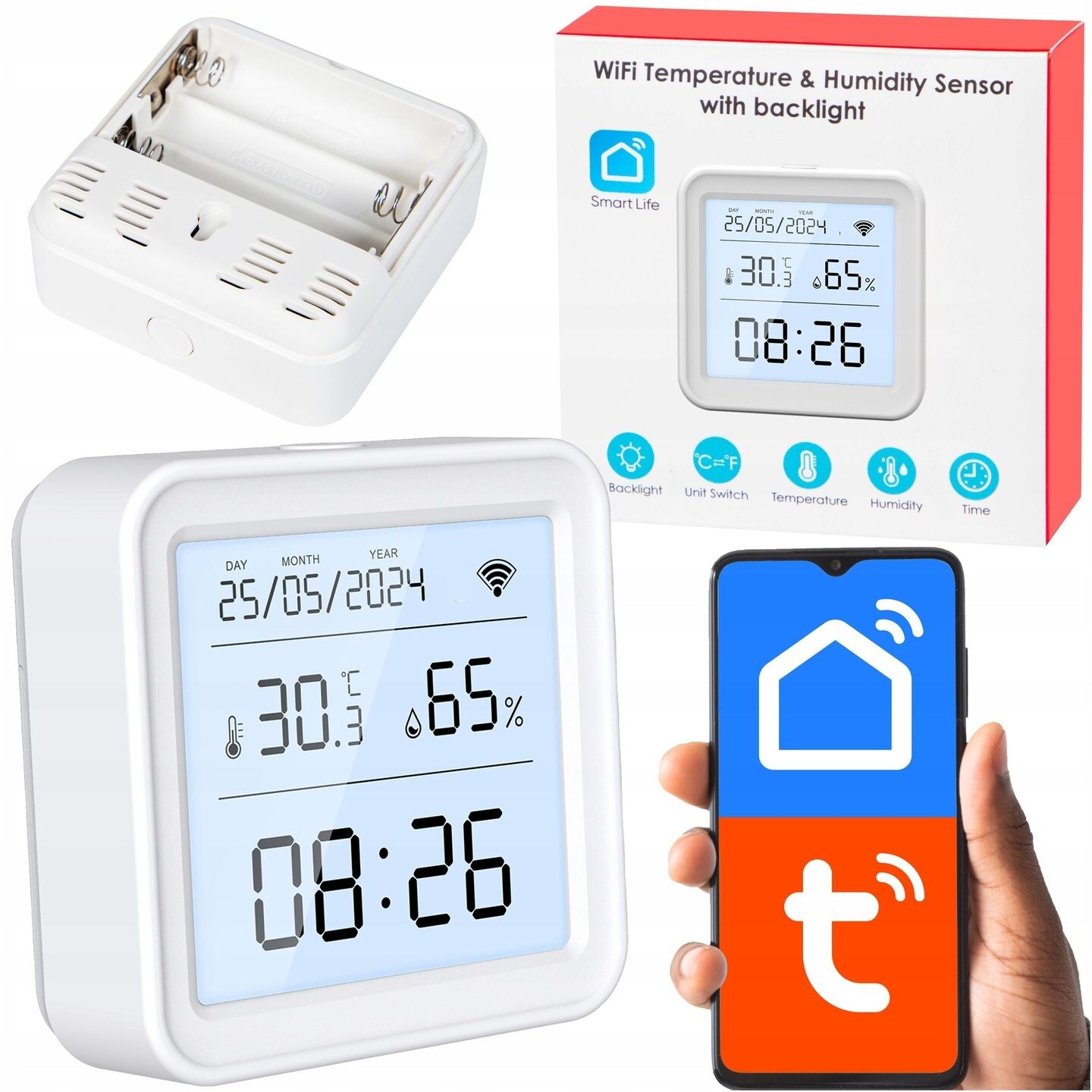 Teploměr Snímač teploty vlhkosti a hodiny Tuya Smart Life Wifi LCD