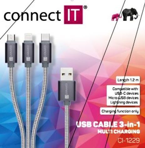 CONNECT IT Wirez 3in1 USB-C & Micro USB & Lightning, silver gray, 0,2 m