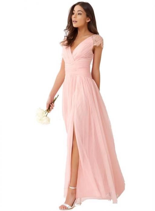 Luxusní růžové maxi šaty s krajkovými cap rukávy