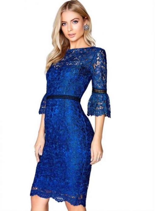 Modré krajkové midi šaty s kontrastními detaily
