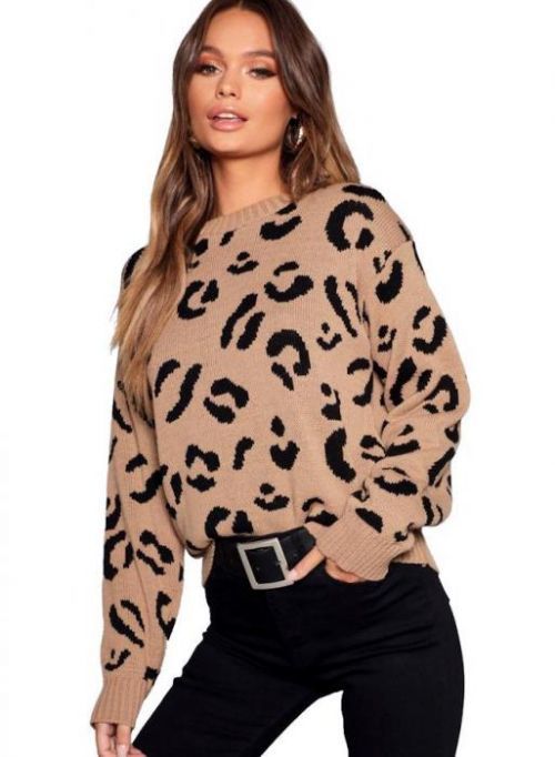 Hnědý leopardí pletený svetr