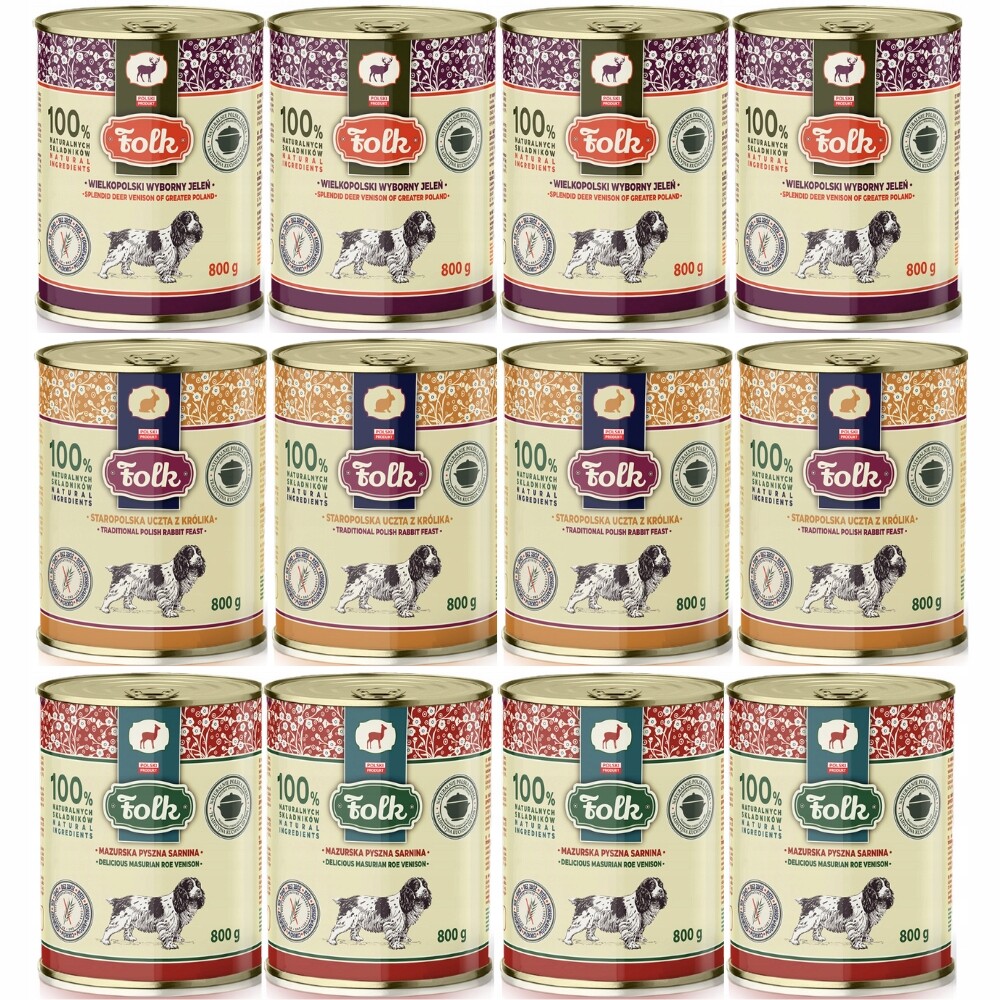 Krmivo pro psy Folk MIX Chutí Králík, Srnka, Jelen Set 12 x 800 g