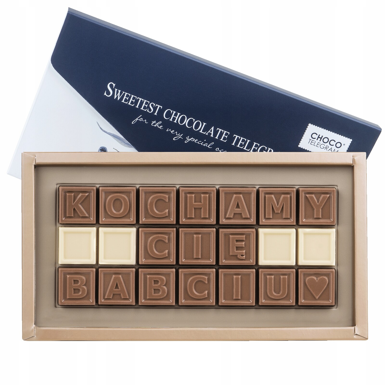 Čokoládový telegram Milujeme tě, babičko, Belgická Čokoláda, ozdobná obálka