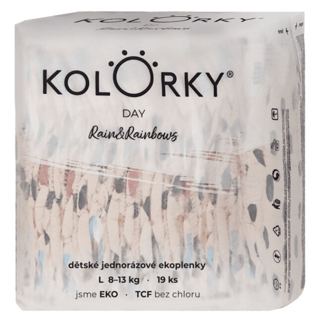 KOLORKY DAY Jednorázové EKO plenky déšť & duhy L (8-13 kg) 19 kusů, poškozený obal