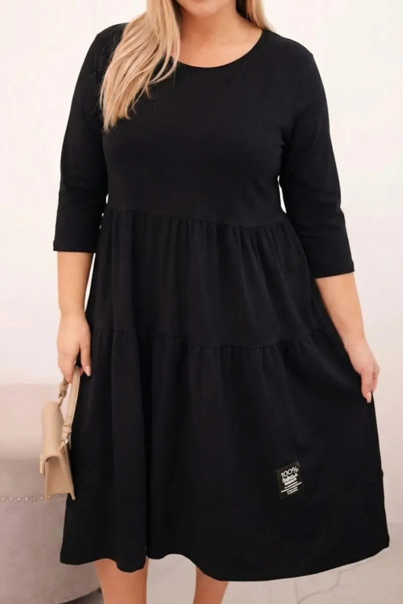 Kesi Włoski Dámská bavlněná Plus Size šaty s volány a ohrnutým rukávem černá