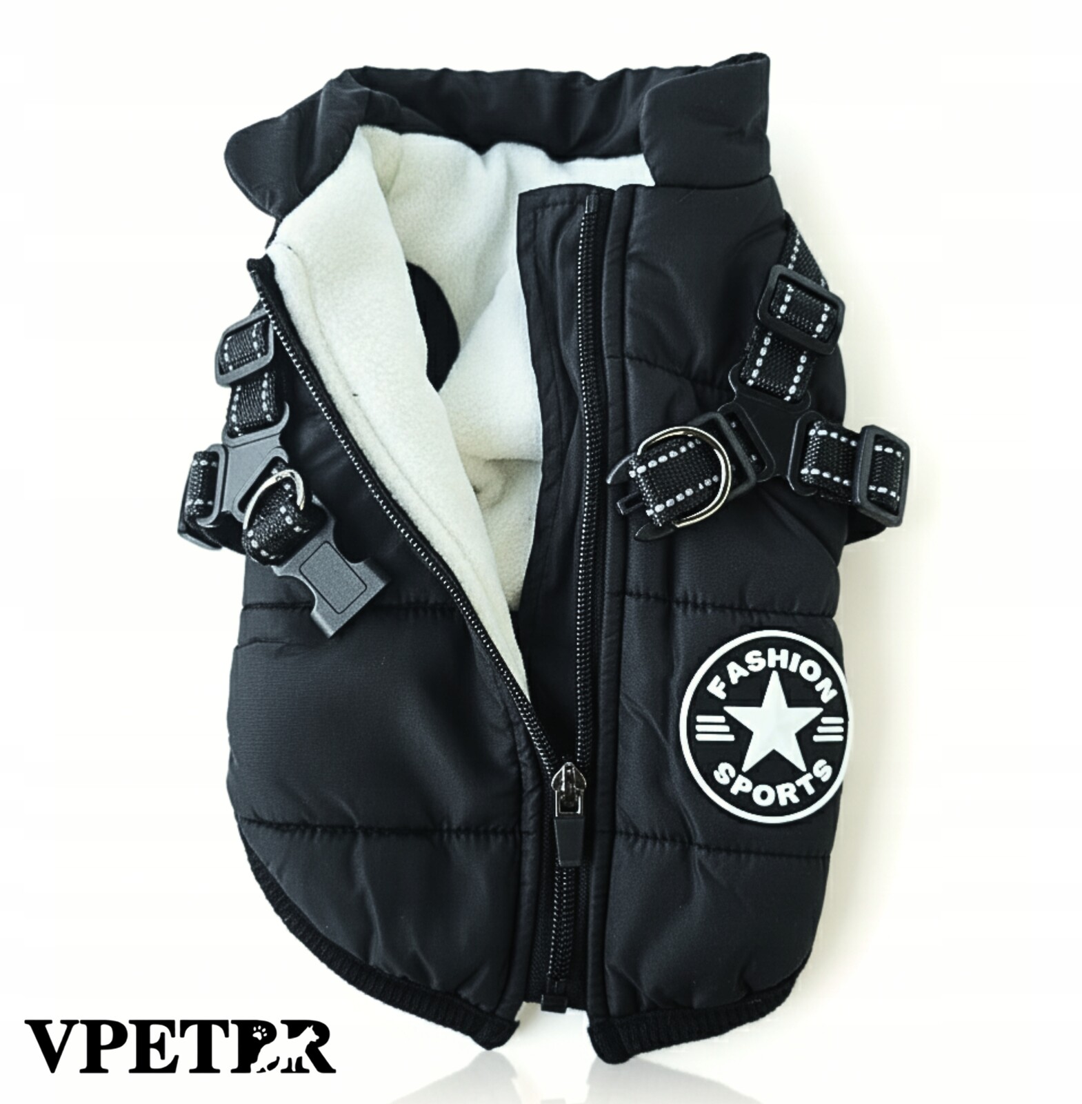 Teplá bunda pro psa s ramenními popruhy, voděodolná, s odrazkami, černá, velikost 4XL