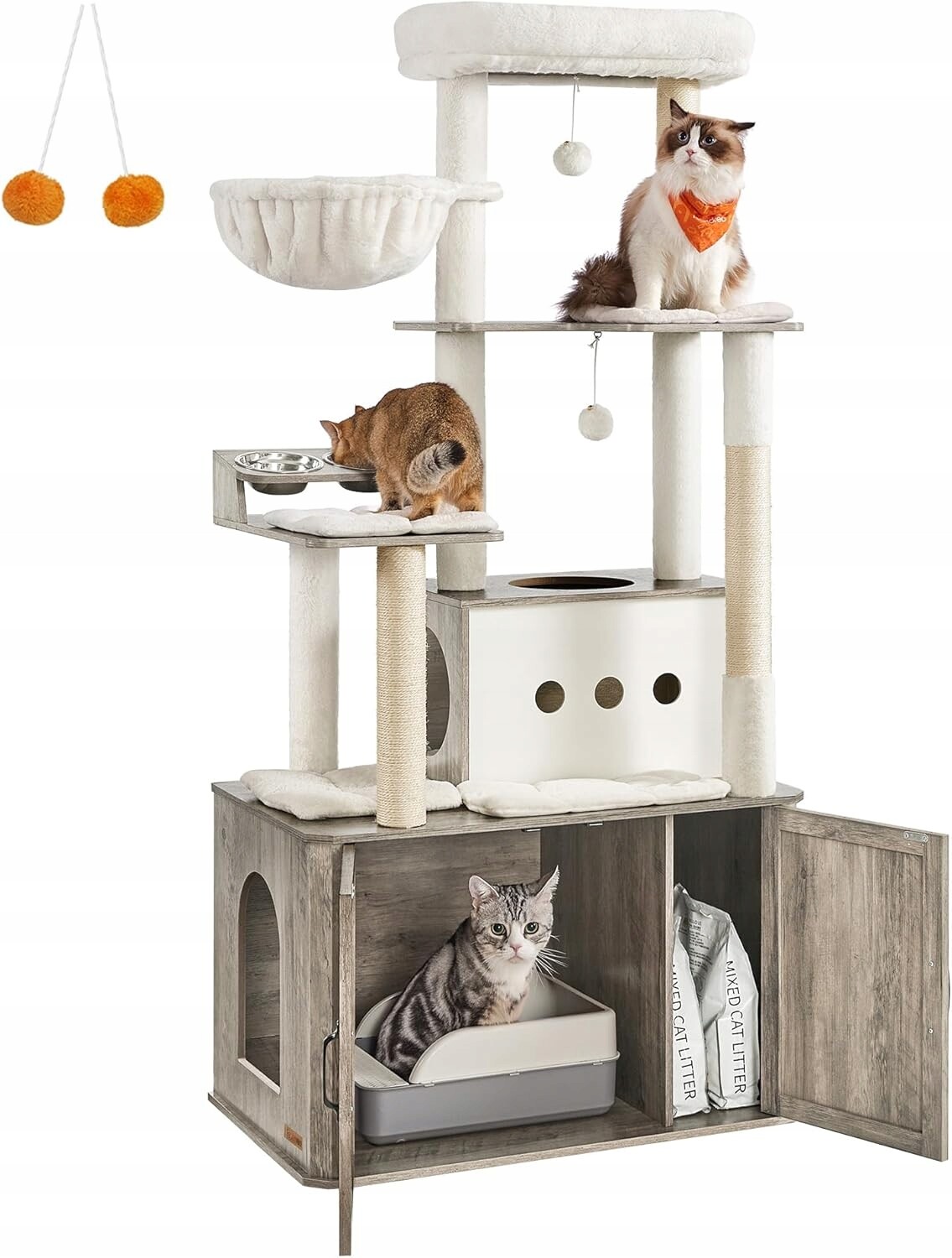 Škrabadlo pro kočky vysoké s skříňkou na záchod, víceúrovňové, 170 cm, šedé