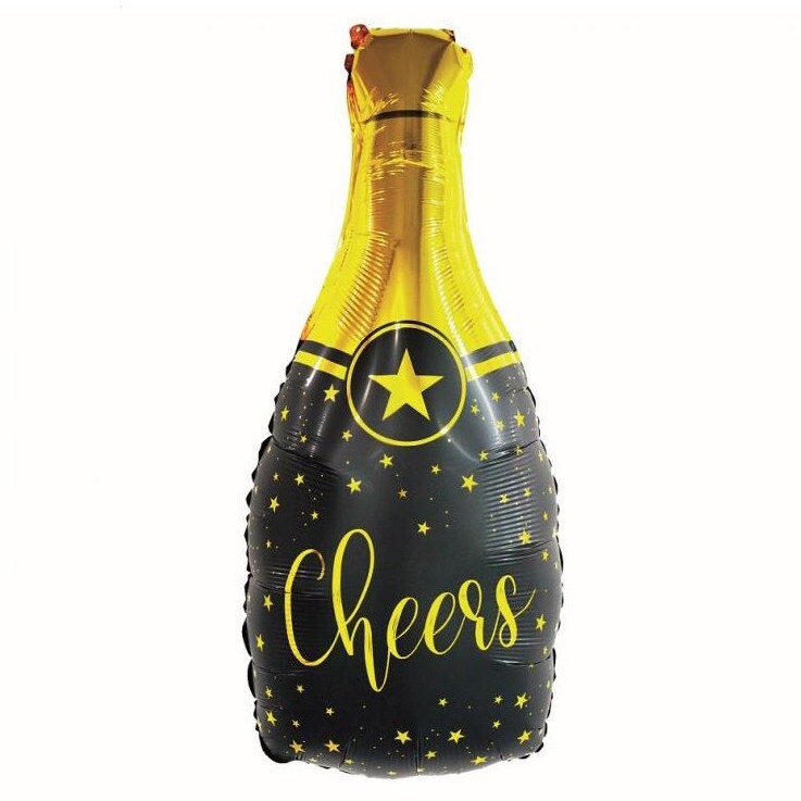 Balónek fóliový Cheers láhev černo-zlatá 35x76 cm