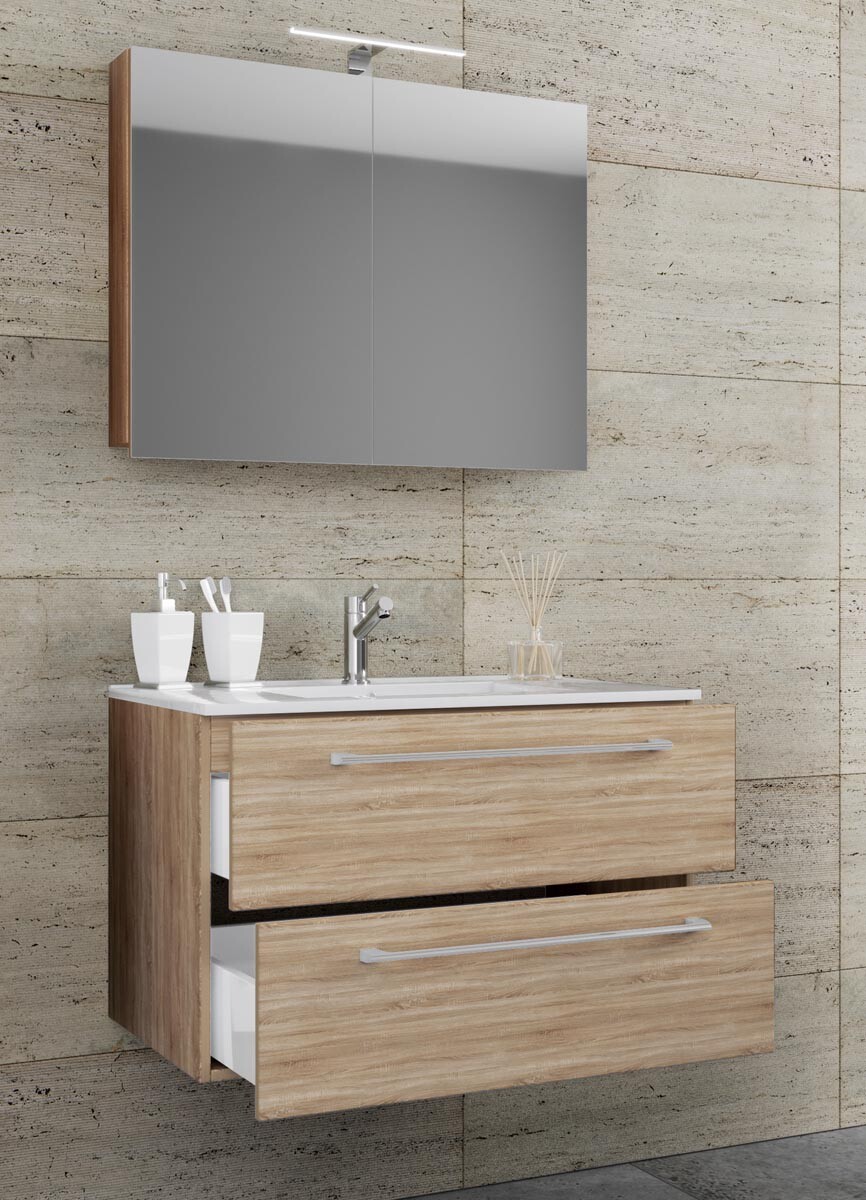 VCM 3dílná umyvadlová skříňka Badinos 2 zásuvky 80 cm se zrcadlem, dub Sonoma