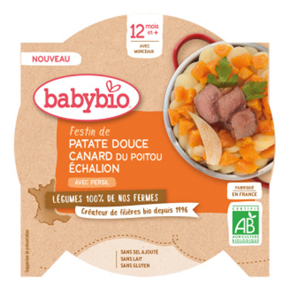 BABYBIO Sladké brambory s kachním masem z volného chovu, šalotkou Echalion a špetkou rozmarýnu 230 g, poškozený obal