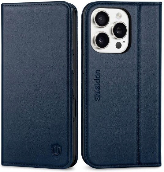 Shieldon přírodní pouzdro pro iPhone 16 Pro, Rfid stojan, tmavě modré