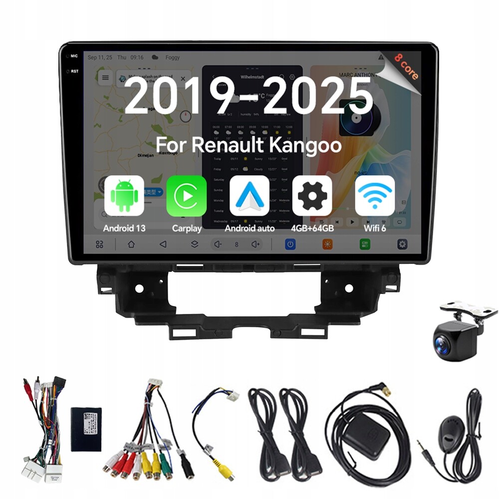 2DIN Android 13 Autorádio pro Renault Kangoo 2019 2025 s CarPlay a 4G, 64GB