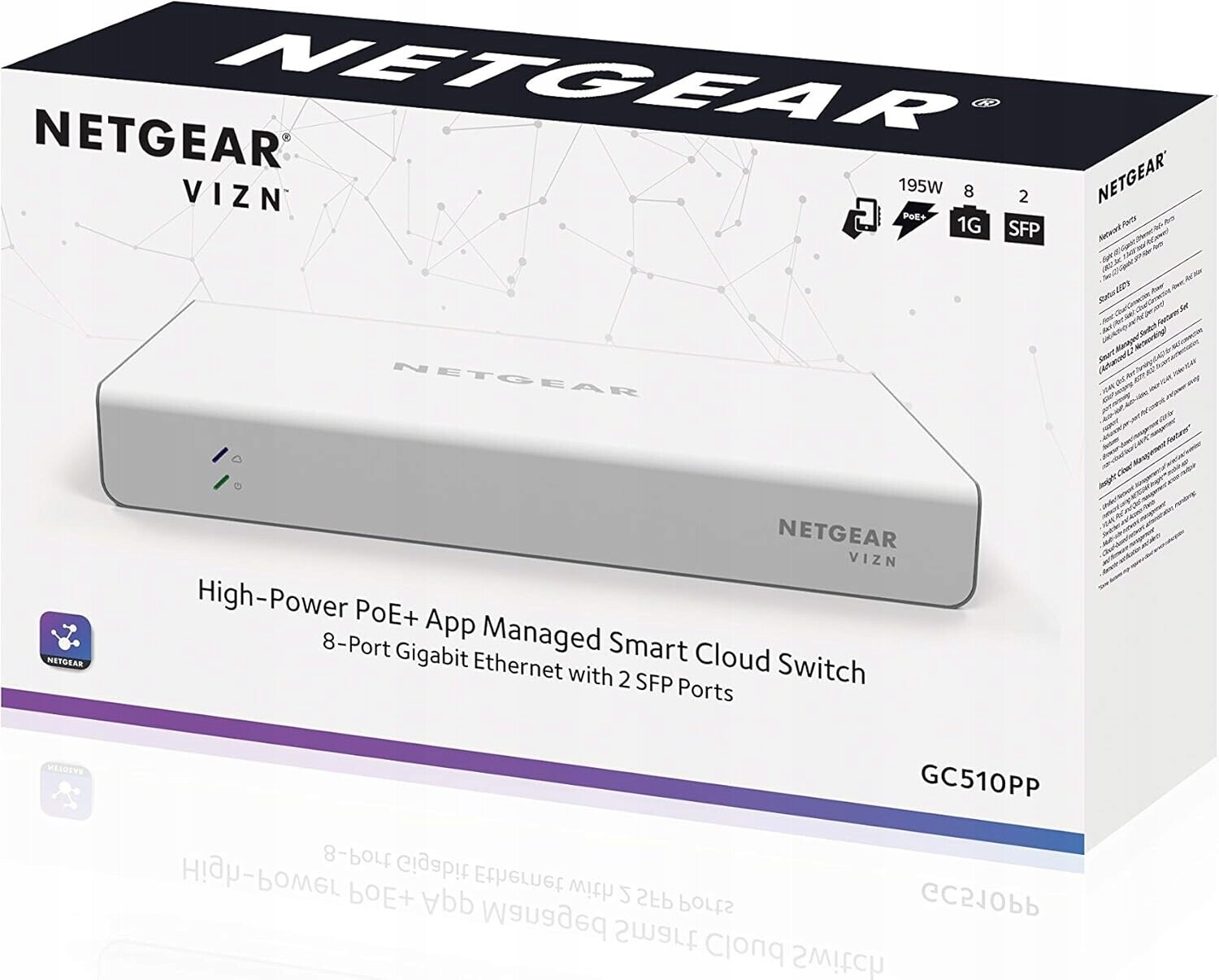 Nový Netgear Switch GC510PP 8x1Gb 8x PoE+ 195W 2x1G Sfp Smart Cloud