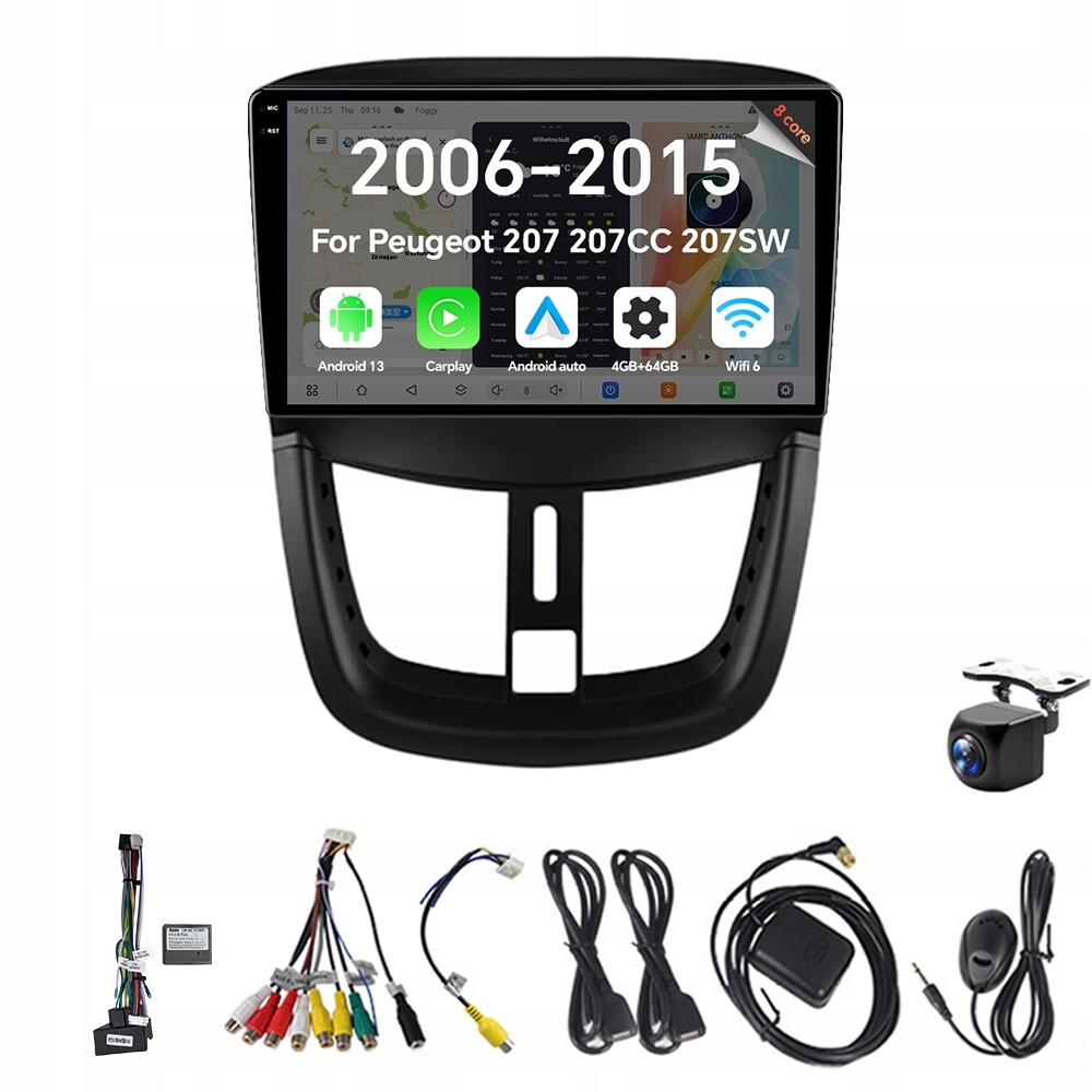 2Din Android 13 Autorádio pro Peugeot 207 207CC 2006 2015 s CarPlay a 4G, 64GB