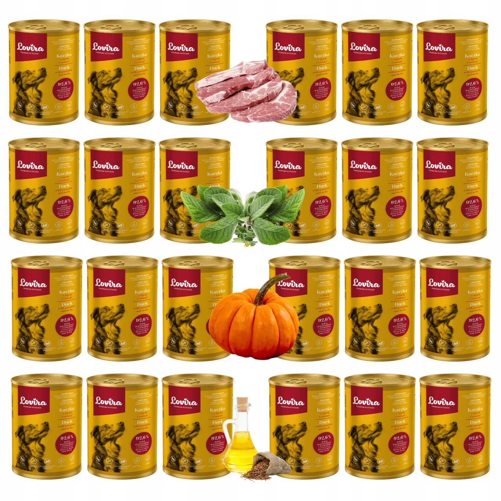 Krmivo pro psy 24 Kachní konzervy 96,2 s dýní a bylinkami Bez Obilovin